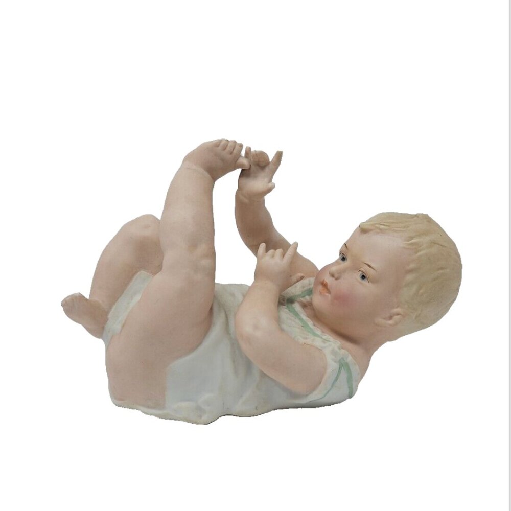 Antique Heubach Bisque Porcelain Piano Baby Boy on Back Doll Germany 3162 9"